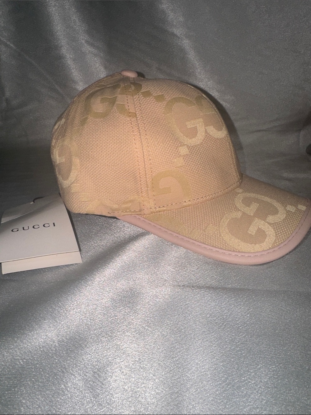 Gucci Beige GG Canvas Baseball Cap with Pink Trim🔥New!